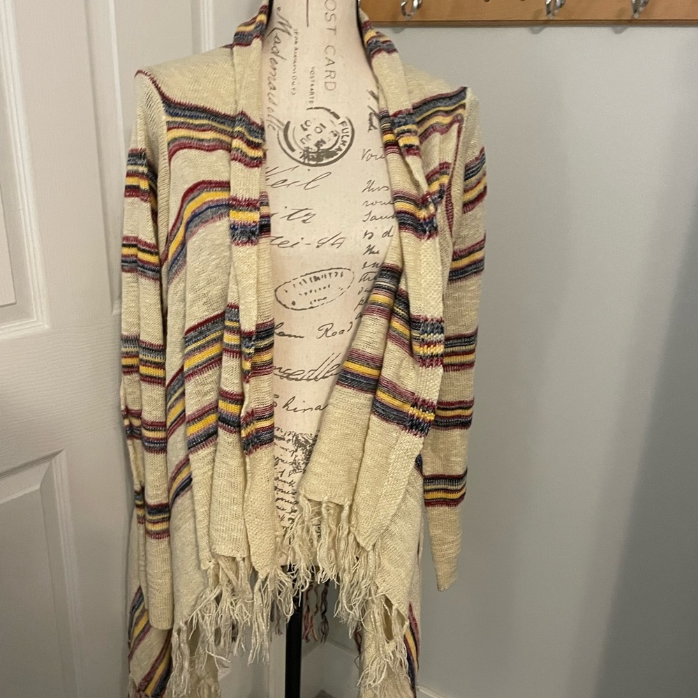 Jodifl cream striped boho style open front tassel knit cardigan s/m